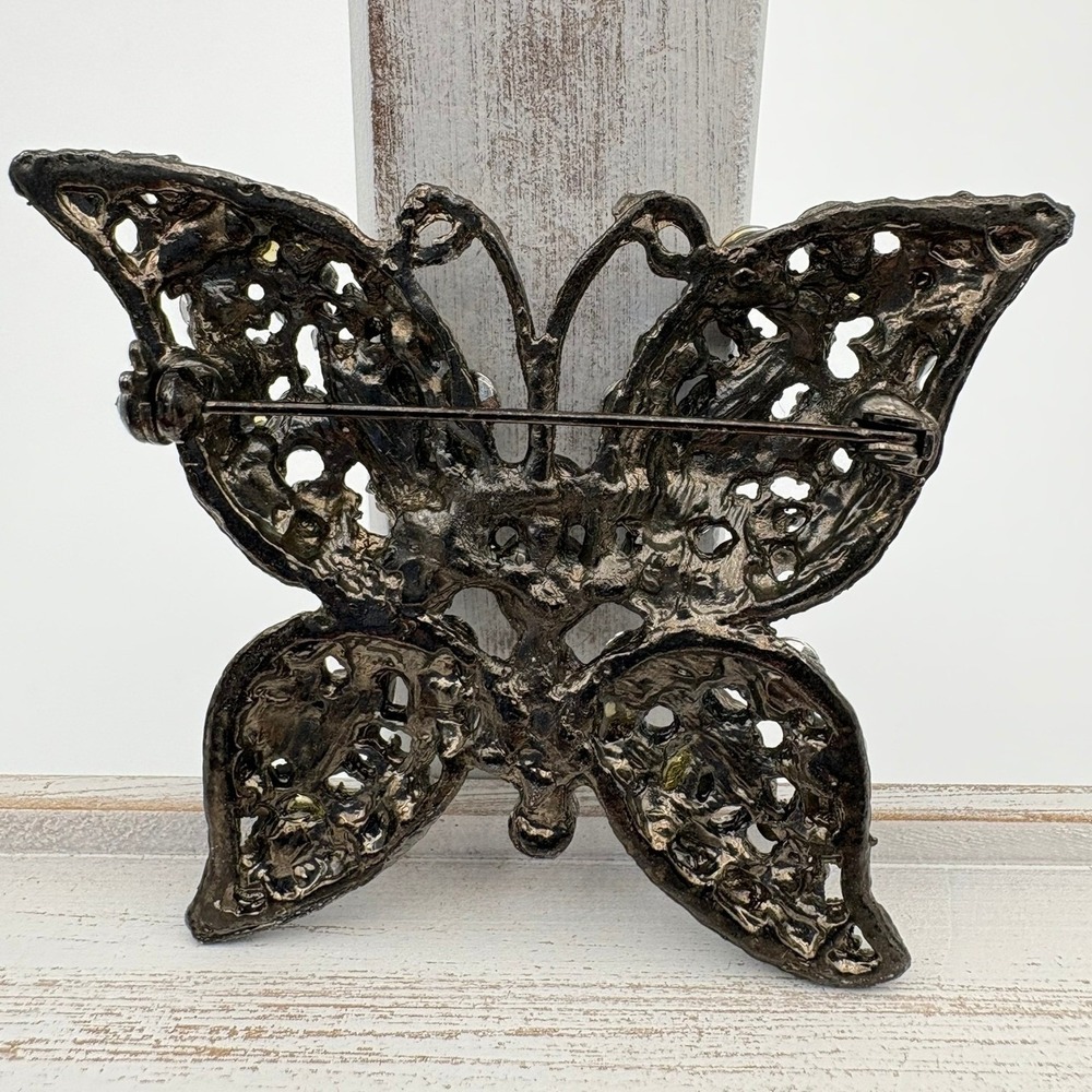 Vintage Aurora Borealis Rhinestone Butterfly Brooch Pin Japanned Black Metal - Picture 3 of 7